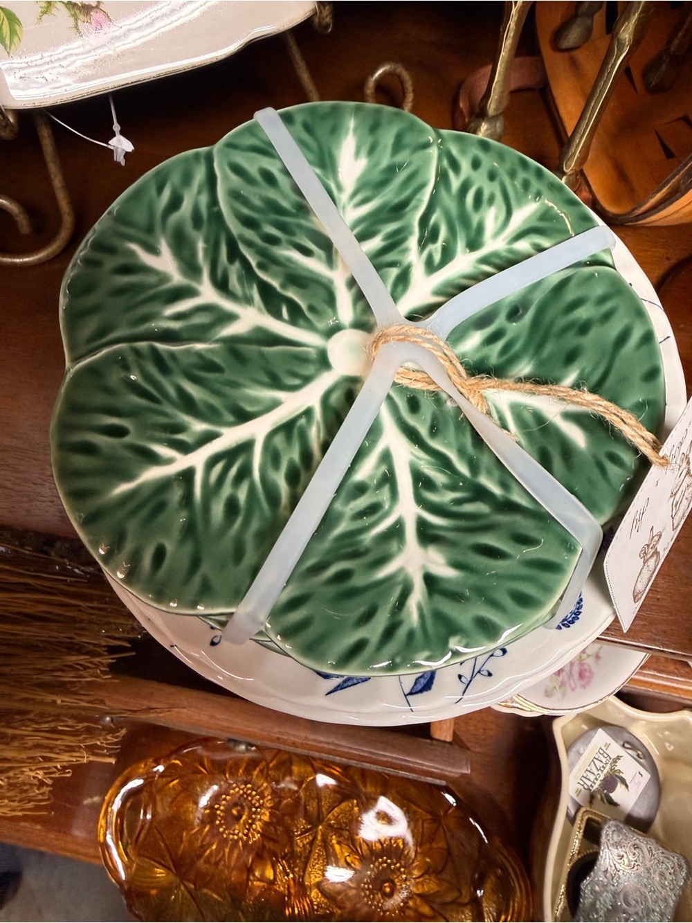 Set of 4 Green Cabbage Leaf Ceramic Serving Plate - Home Dining